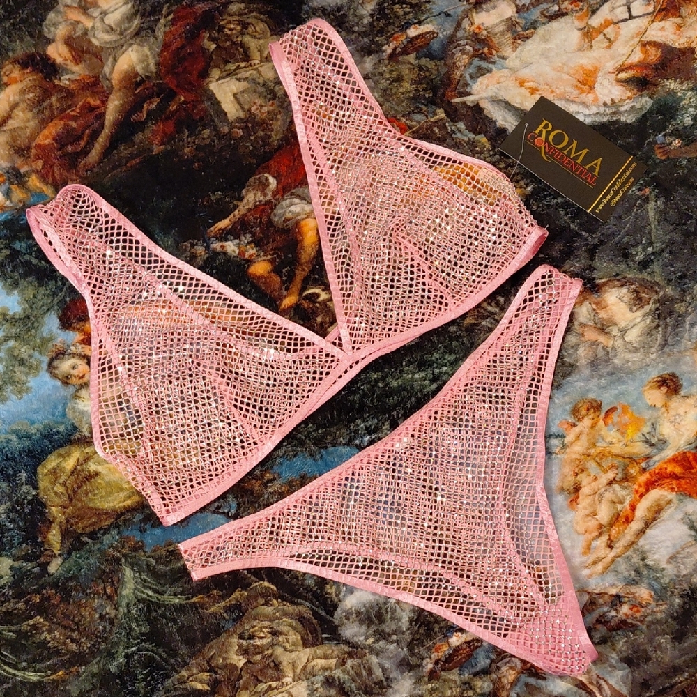 DOLLSKILL 1X PINK FISHNET LINGERIE SET BRA/THONG PINK/SEQUINES